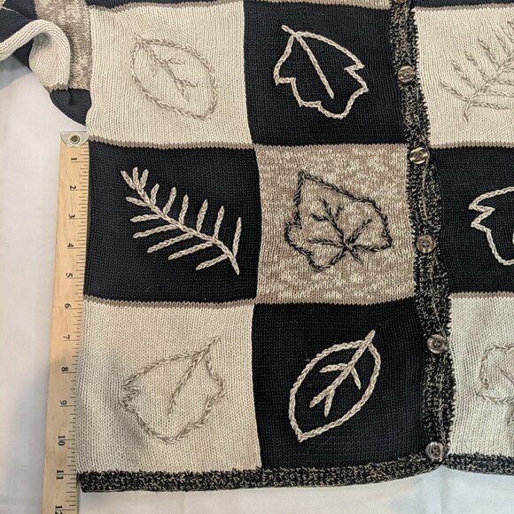 Fiberworks Hand Embroidered Brown Leaves Knit Cardigan Sweater Button M Black - Picture 8 of 15